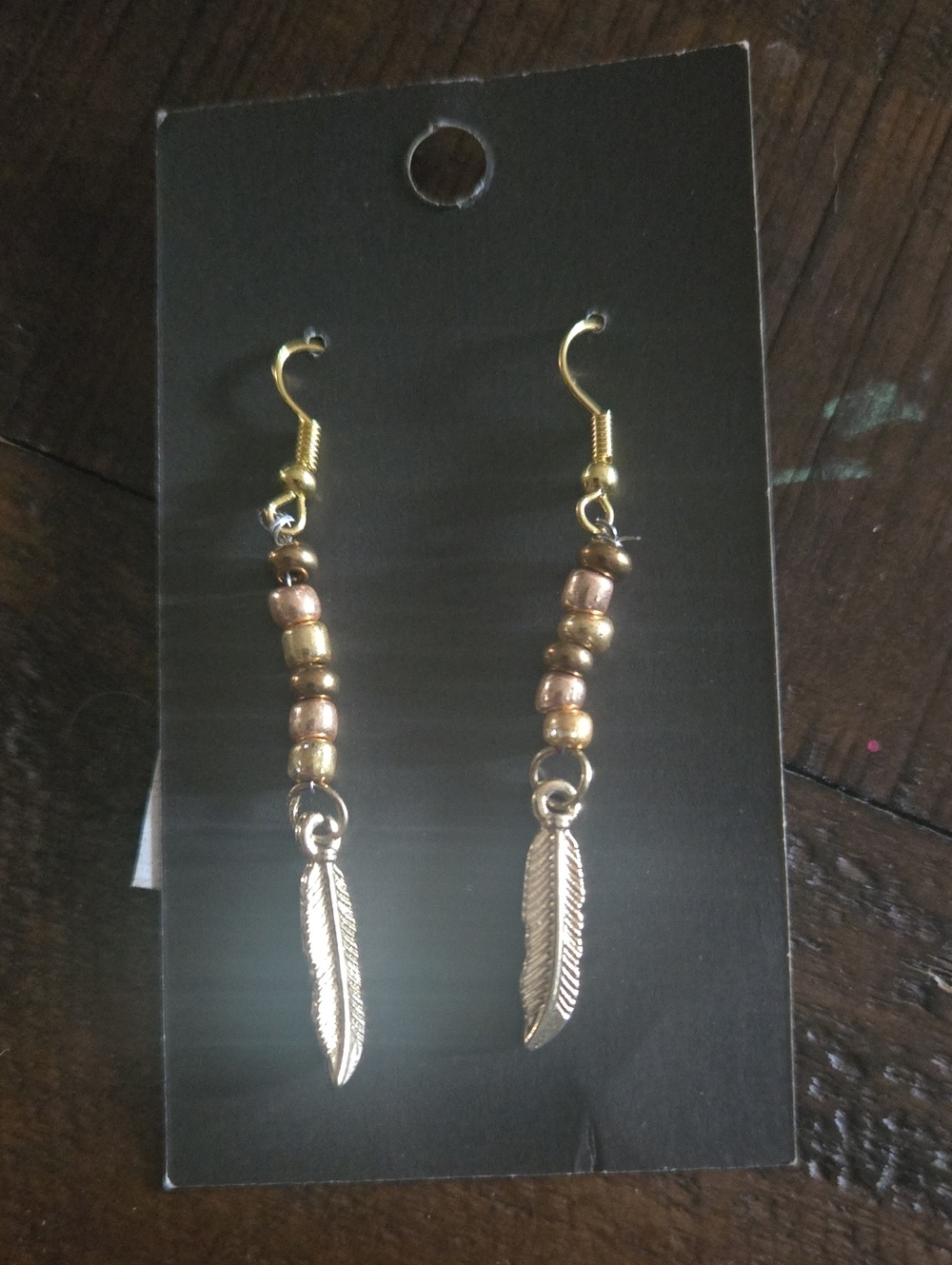 Gold-Tone Feather Drop Earrings with Metallic Beads